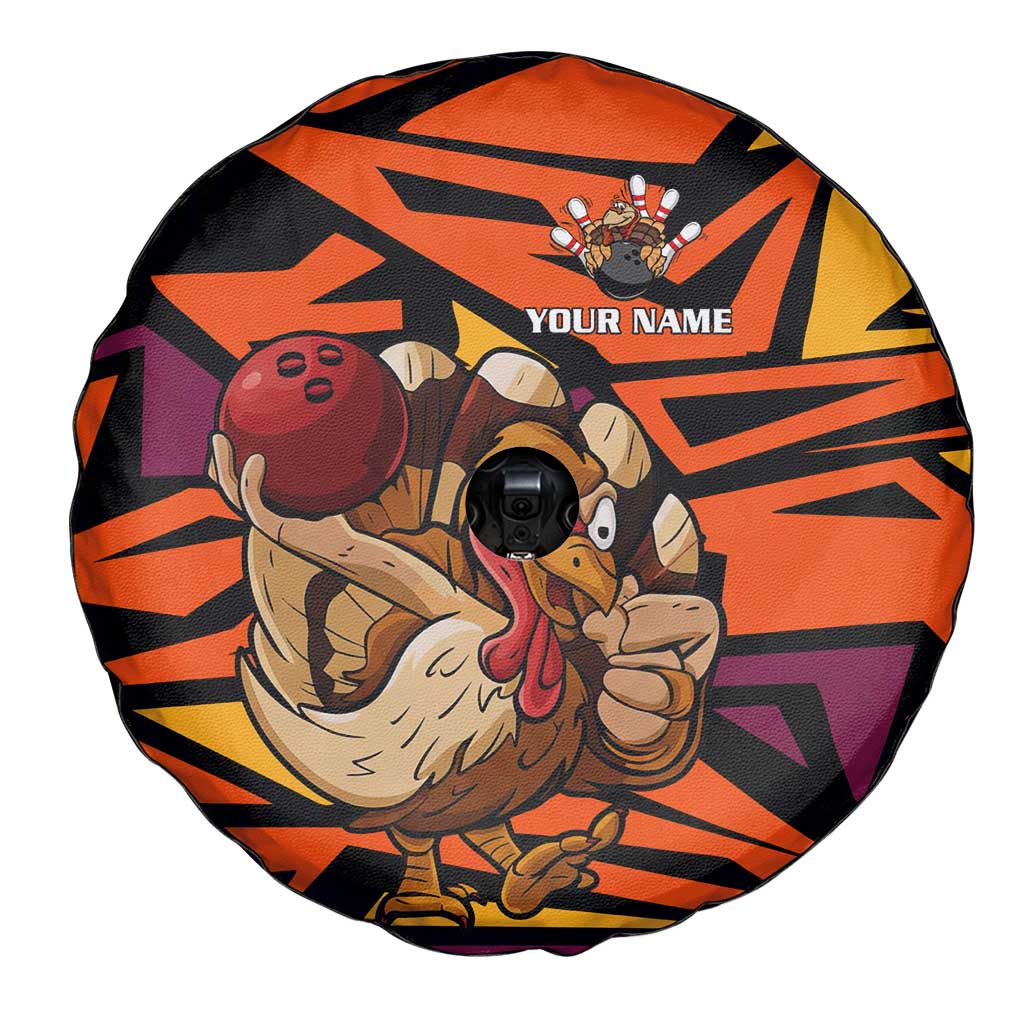 Custom Turkey Bowling Spare Tire Cover with Cartoon Turkey Striker and Orange Geometric Pattern - Wonder Print Shop