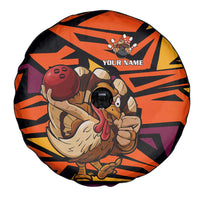 Custom Turkey Bowling Spare Tire Cover with Cartoon Turkey Striker and Orange Geometric Pattern - Wonder Print Shop