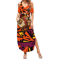 Custom Turkey Bowling Summer Maxi Dress with Cartoon Turkey Striker and Orange Geometric Pattern - Wonder Print Shop