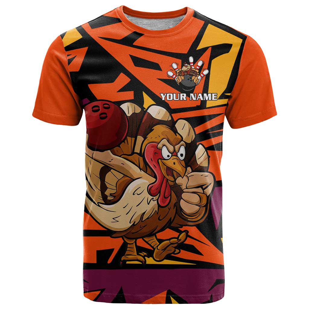 Custom Turkey Bowling T Shirt with Cartoon Turkey Striker and Orange Geometric Pattern - Wonder Print Shop