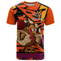 Custom Turkey Bowling T Shirt with Cartoon Turkey Striker and Orange Geometric Pattern - Wonder Print Shop
