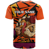 Custom Turkey Bowling T Shirt with Cartoon Turkey Striker and Orange Geometric Pattern - Wonder Print Shop