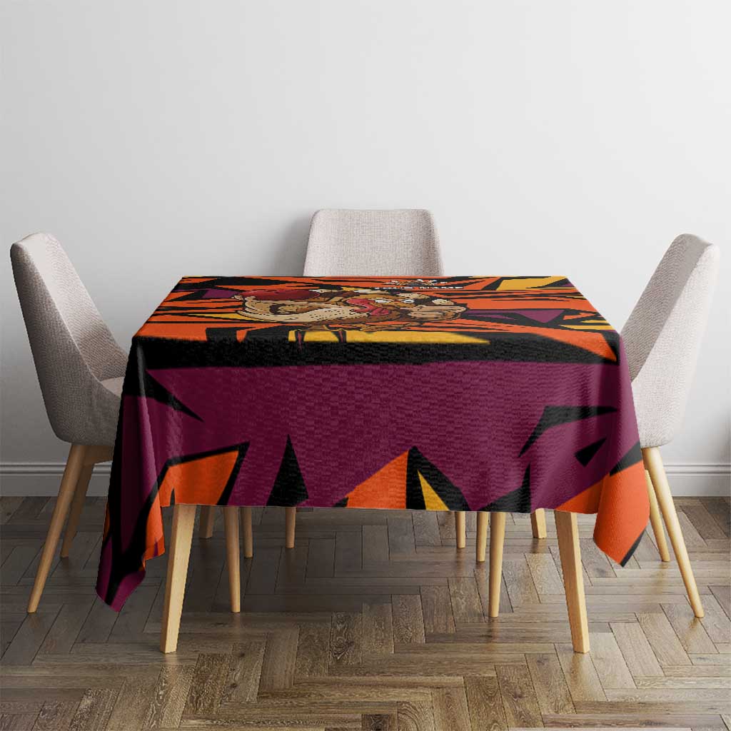 Custom Turkey Bowling Tablecloth with Cartoon Turkey Striker and Orange Geometric Pattern - Wonder Print Shop