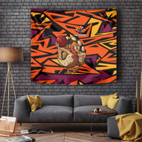 Custom Turkey Bowling Tapestry with Cartoon Turkey Striker and Orange Geometric Pattern - Wonder Print Shop