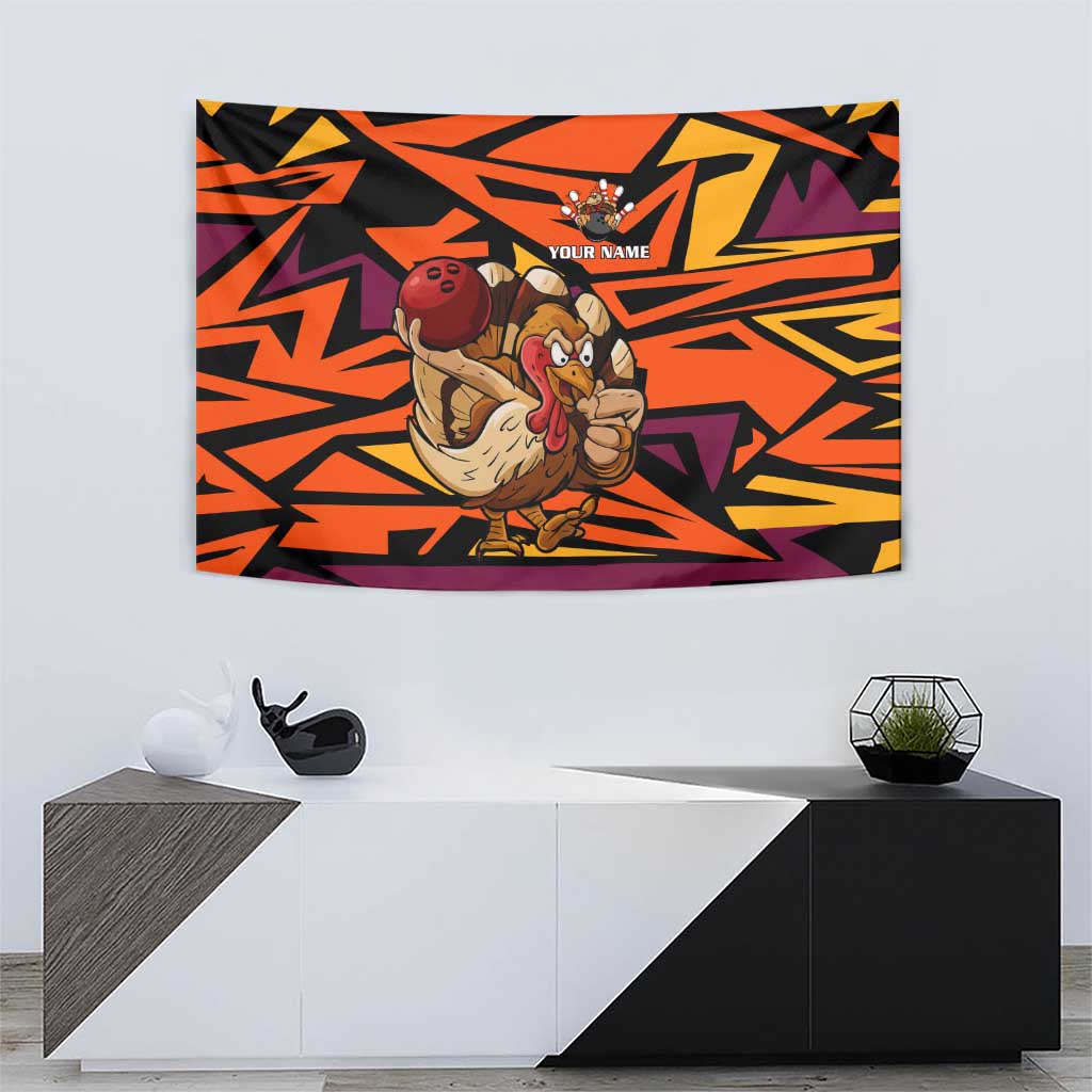 Custom Turkey Bowling Tapestry with Cartoon Turkey Striker and Orange Geometric Pattern - Wonder Print Shop
