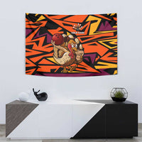 Custom Turkey Bowling Tapestry with Cartoon Turkey Striker and Orange Geometric Pattern - Wonder Print Shop