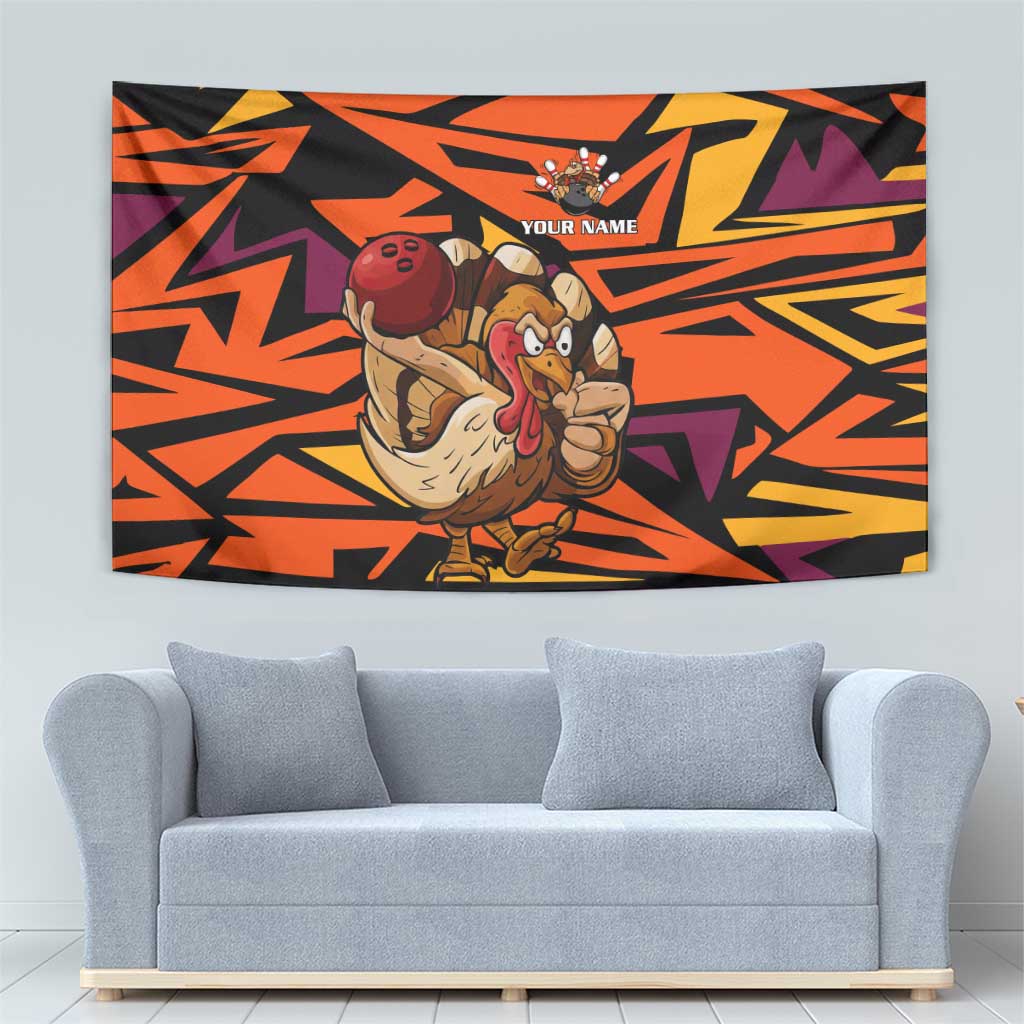 Custom Turkey Bowling Tapestry with Cartoon Turkey Striker and Orange Geometric Pattern - Wonder Print Shop