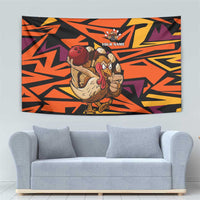 Custom Turkey Bowling Tapestry with Cartoon Turkey Striker and Orange Geometric Pattern - Wonder Print Shop