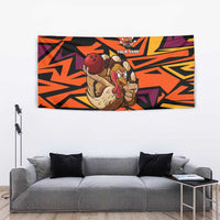Custom Turkey Bowling Tapestry with Cartoon Turkey Striker and Orange Geometric Pattern - Wonder Print Shop