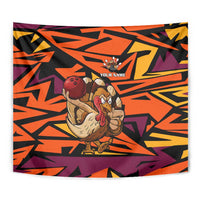 Custom Turkey Bowling Tapestry with Cartoon Turkey Striker and Orange Geometric Pattern - Wonder Print Shop