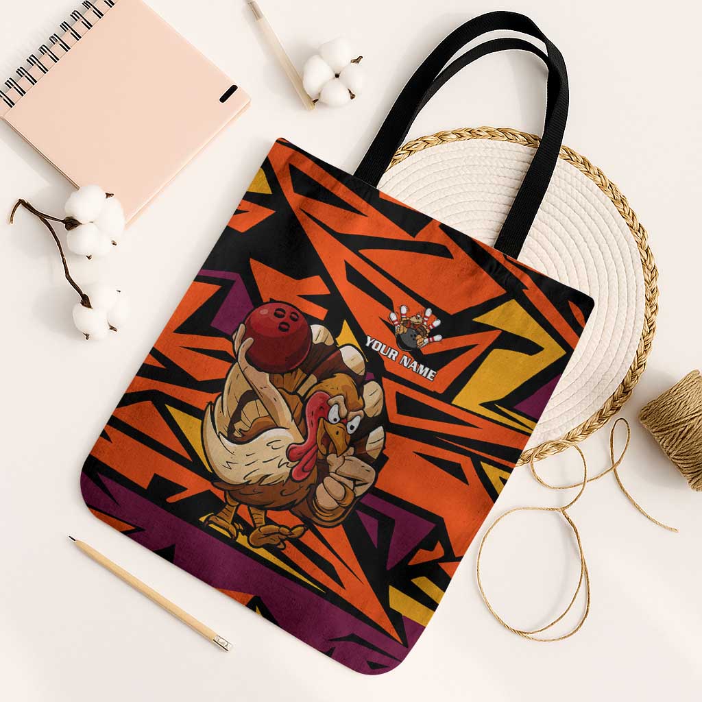 Custom Turkey Bowling Tote Bag with Cartoon Turkey Striker and Orange Geometric Pattern - Wonder Print Shop
