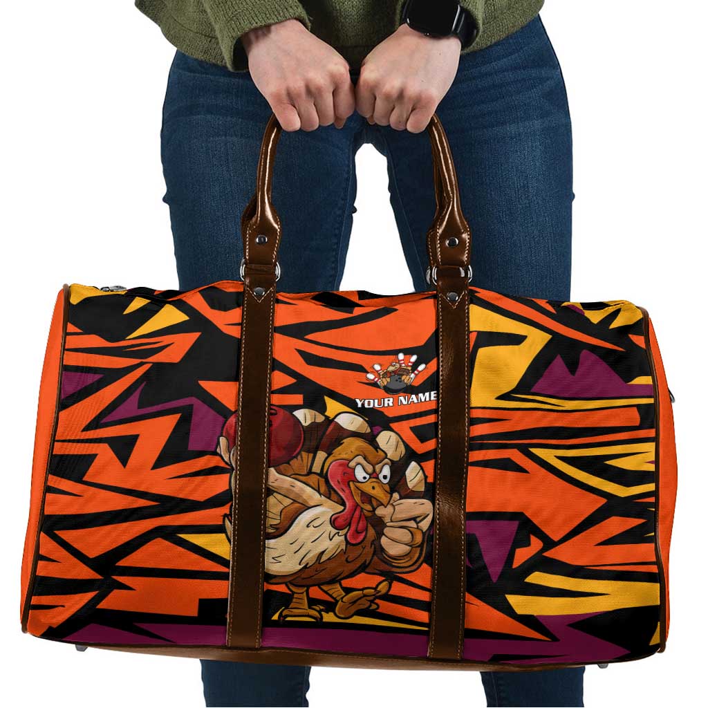 Custom Turkey Bowling Travel Bag with Cartoon Turkey Striker and Orange Geometric Pattern - Wonder Print Shop