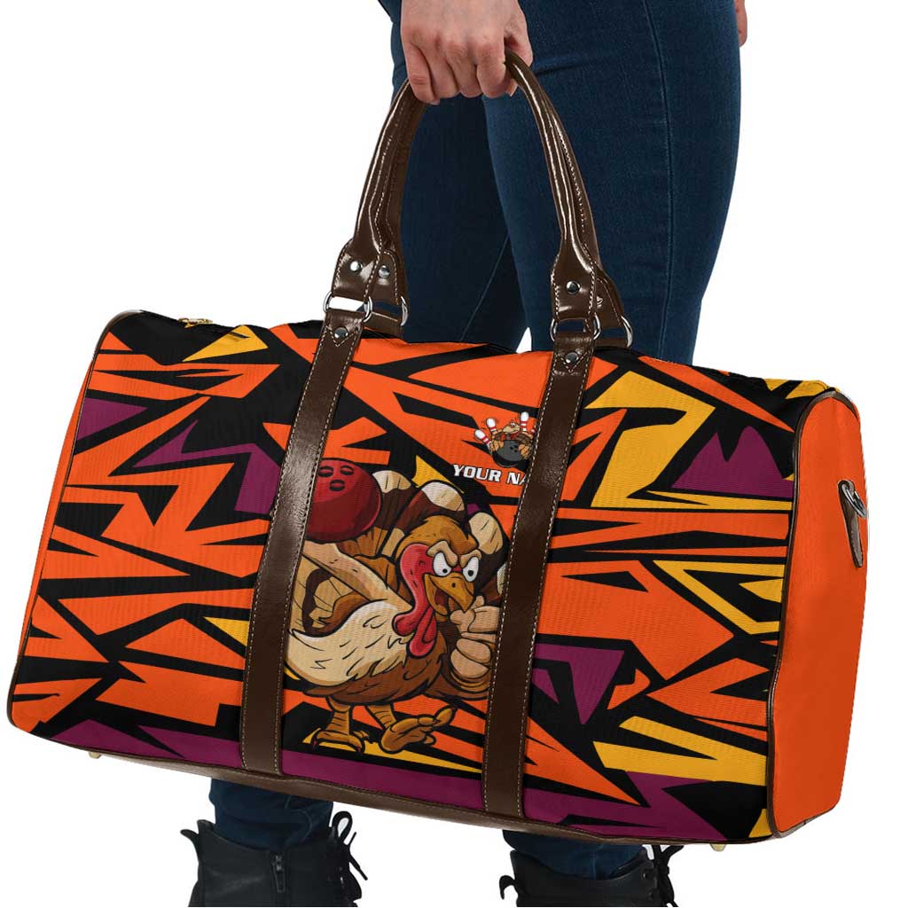 Custom Turkey Bowling Travel Bag with Cartoon Turkey Striker and Orange Geometric Pattern - Wonder Print Shop