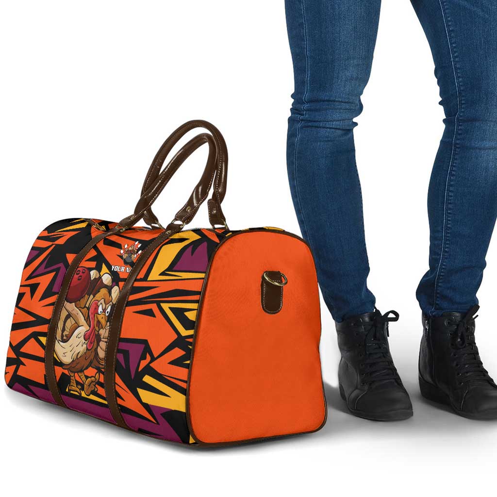Custom Turkey Bowling Travel Bag with Cartoon Turkey Striker and Orange Geometric Pattern - Wonder Print Shop