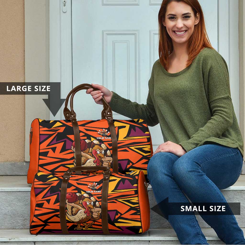 Custom Turkey Bowling Travel Bag with Cartoon Turkey Striker and Orange Geometric Pattern - Wonder Print Shop