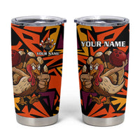 Custom Turkey Bowling Tumbler Cup with Cartoon Turkey Striker and Orange Geometric Pattern - Wonder Print Shop