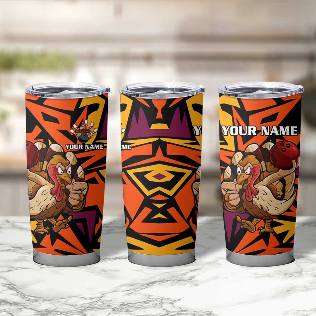 Custom Turkey Bowling Tumbler Cup with Cartoon Turkey Striker and Orange Geometric Pattern - Wonder Print Shop