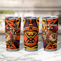 Custom Turkey Bowling Tumbler Cup with Cartoon Turkey Striker and Orange Geometric Pattern - Wonder Print Shop