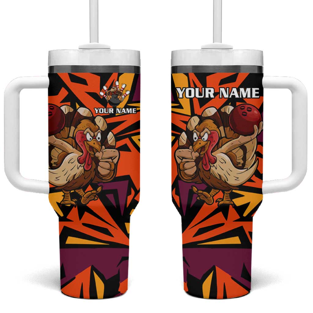 Custom Turkey Bowling Tumbler With Handle with Cartoon Turkey Striker and Orange Geometric Pattern - Wonder Print Shop