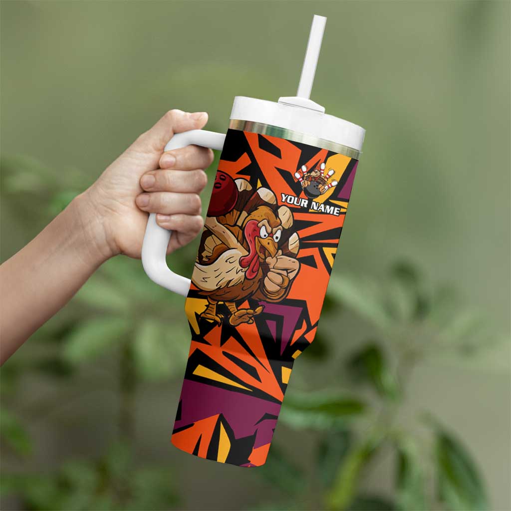 Custom Turkey Bowling Tumbler With Handle with Cartoon Turkey Striker and Orange Geometric Pattern - Wonder Print Shop