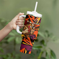 Custom Turkey Bowling Tumbler With Handle with Cartoon Turkey Striker and Orange Geometric Pattern - Wonder Print Shop