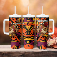 Custom Turkey Bowling Tumbler With Handle with Cartoon Turkey Striker and Orange Geometric Pattern - Wonder Print Shop