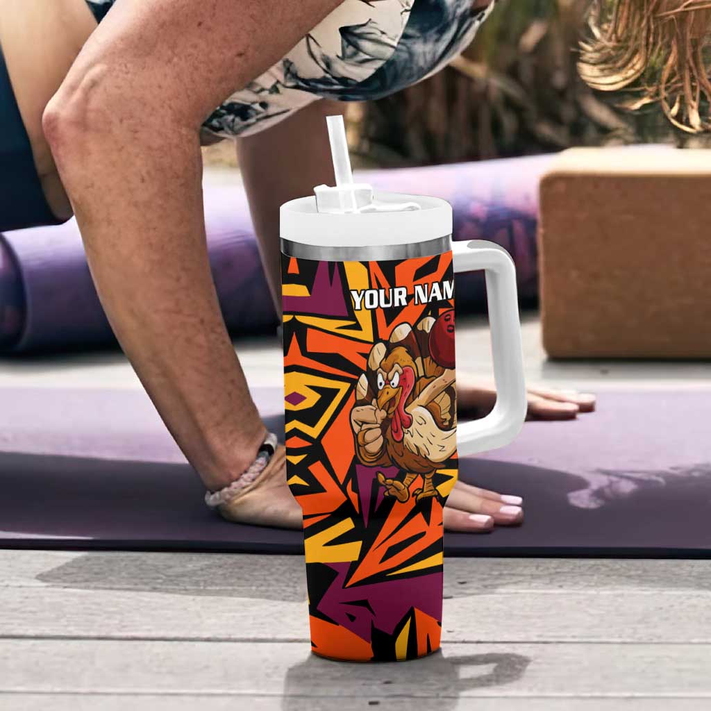 Custom Turkey Bowling Tumbler With Handle with Cartoon Turkey Striker and Orange Geometric Pattern - Wonder Print Shop