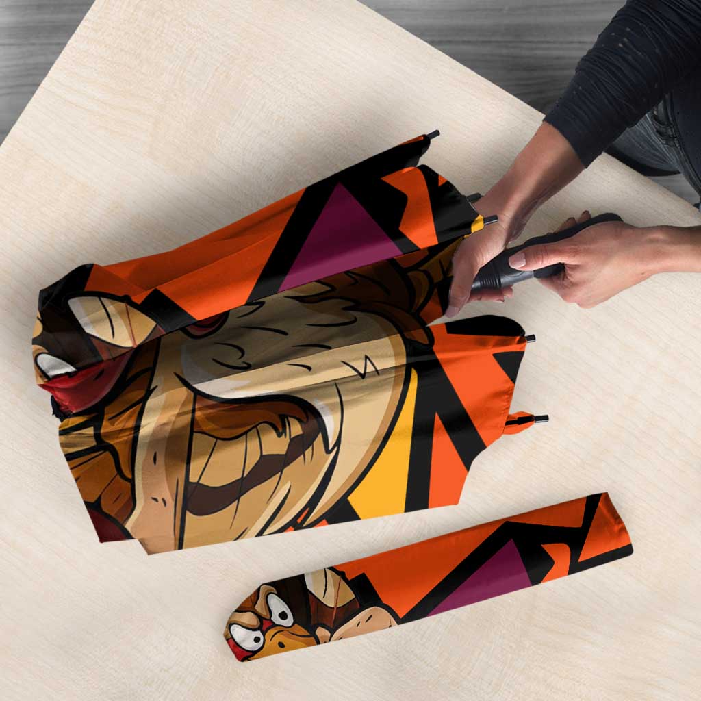 Custom Turkey Bowling Umbrella with Cartoon Turkey Striker and Orange Geometric Pattern - Wonder Print Shop