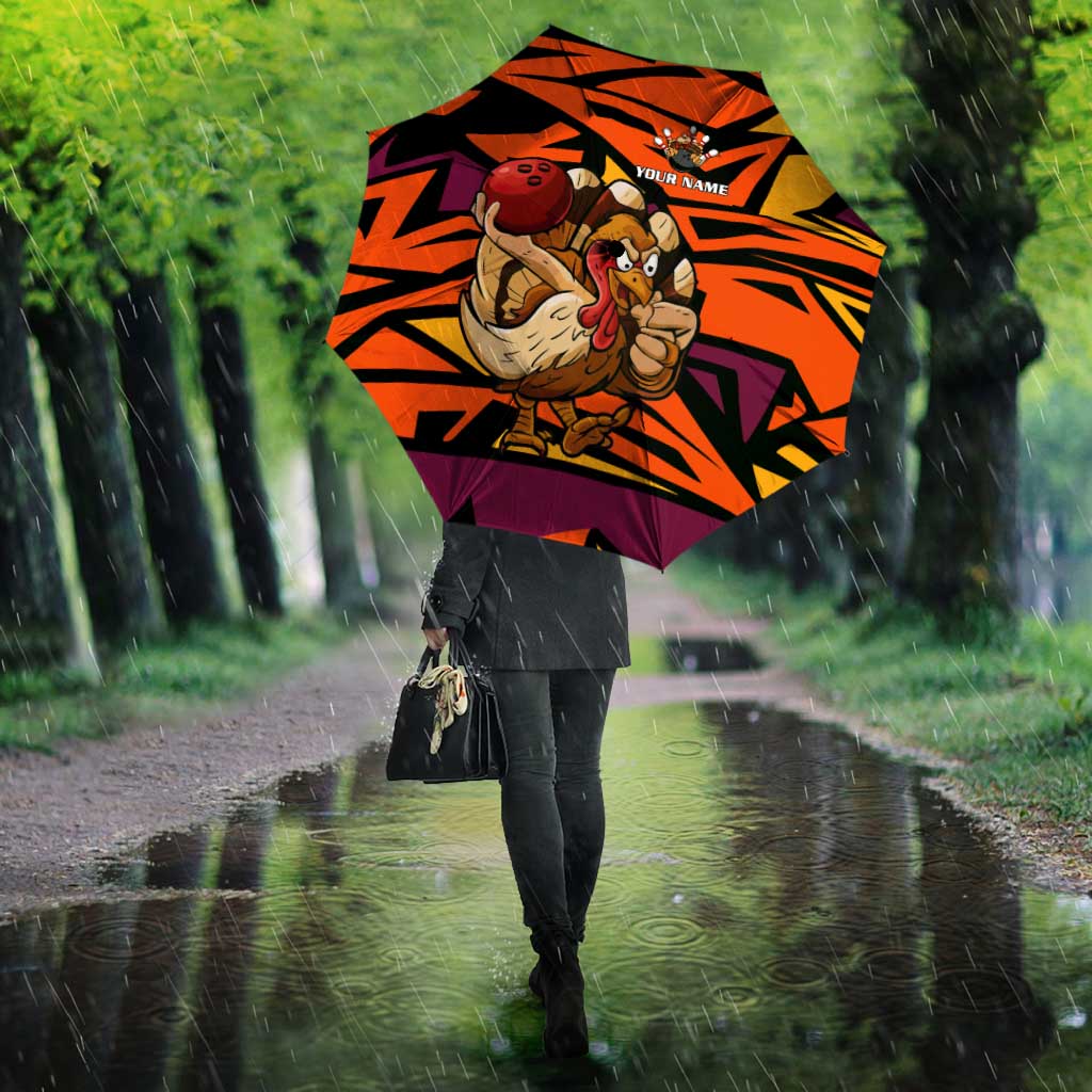 Custom Turkey Bowling Umbrella with Cartoon Turkey Striker and Orange Geometric Pattern - Wonder Print Shop