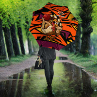 Custom Turkey Bowling Umbrella with Cartoon Turkey Striker and Orange Geometric Pattern - Wonder Print Shop
