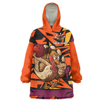 Custom Turkey Bowling Wearable Blanket Hoodie with Cartoon Turkey Striker and Orange Geometric Pattern - Wonder Print Shop