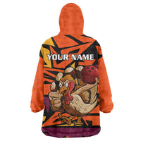 Custom Turkey Bowling Wearable Blanket Hoodie with Cartoon Turkey Striker and Orange Geometric Pattern - Wonder Print Shop