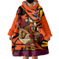 Custom Turkey Bowling Wearable Blanket Hoodie with Cartoon Turkey Striker and Orange Geometric Pattern - Wonder Print Shop