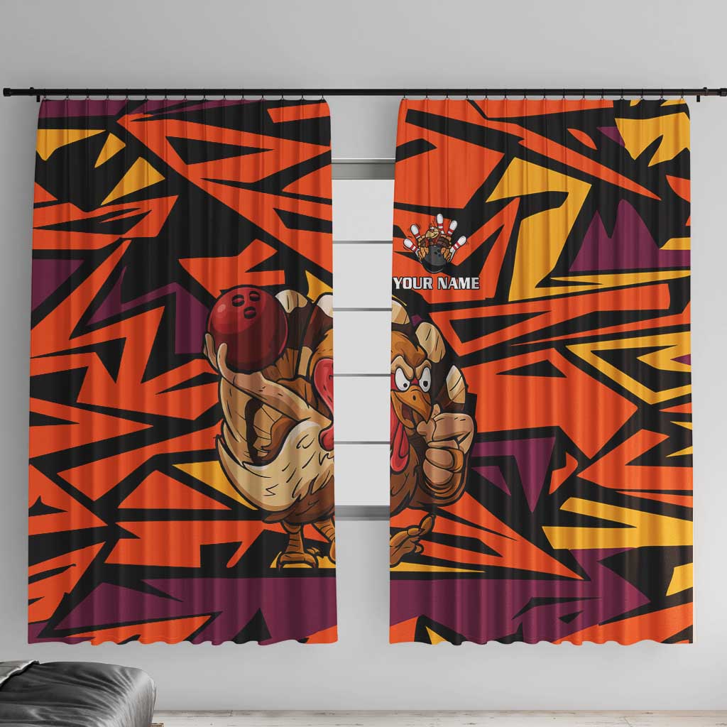Custom Turkey Bowling Window Curtain with Cartoon Turkey Striker and Orange Geometric Pattern - Wonder Print Shop