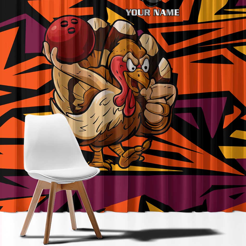 Custom Turkey Bowling Window Curtain with Cartoon Turkey Striker and Orange Geometric Pattern - Wonder Print Shop