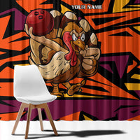 Custom Turkey Bowling Window Curtain with Cartoon Turkey Striker and Orange Geometric Pattern - Wonder Print Shop