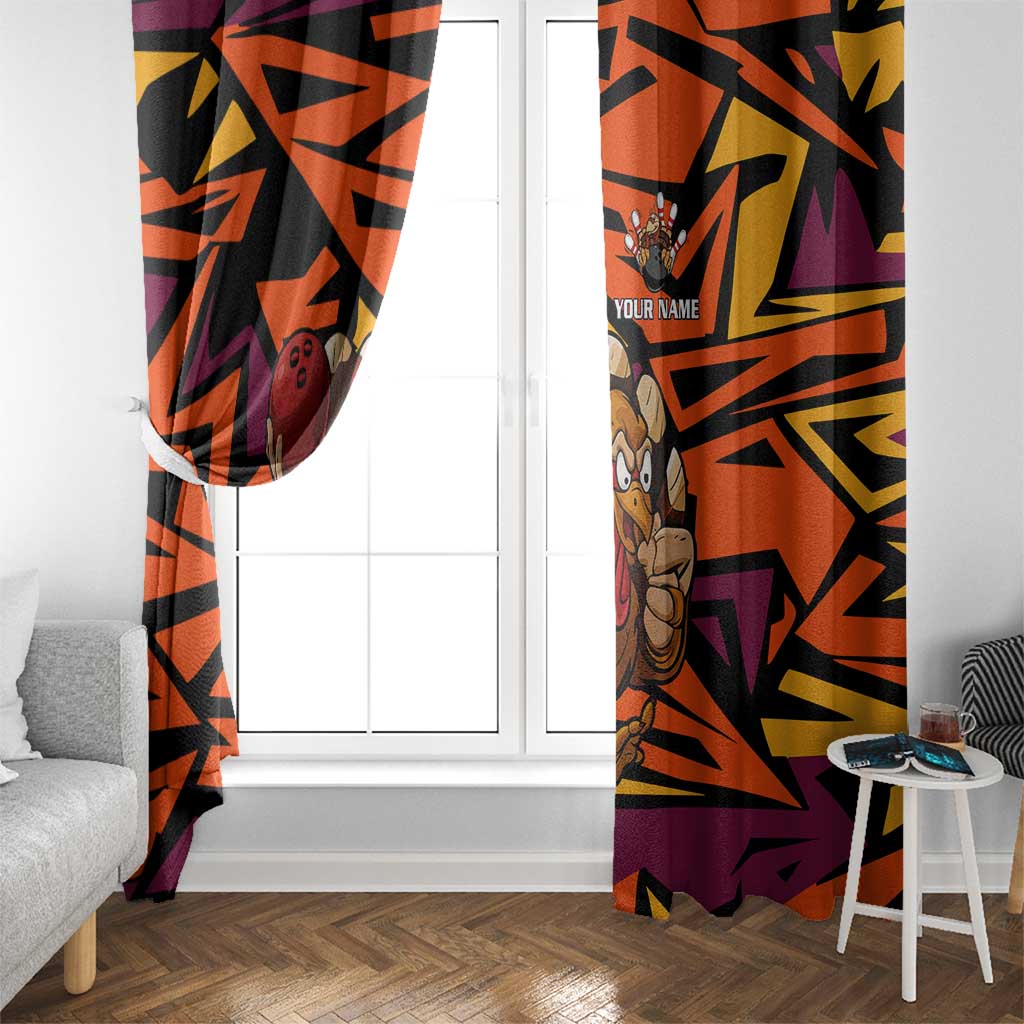 Custom Turkey Bowling Window Curtain with Cartoon Turkey Striker and Orange Geometric Pattern - Wonder Print Shop