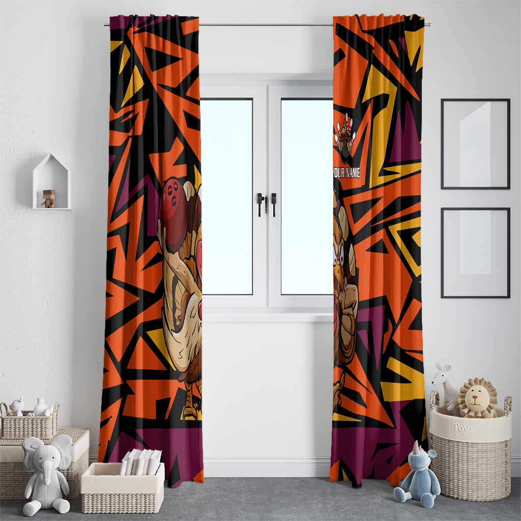 Custom Turkey Bowling Window Curtain with Cartoon Turkey Striker and Orange Geometric Pattern - Wonder Print Shop