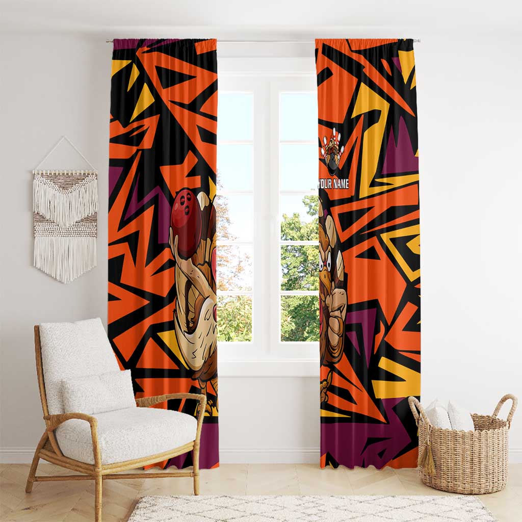 Custom Turkey Bowling Window Curtain with Cartoon Turkey Striker and Orange Geometric Pattern - Wonder Print Shop