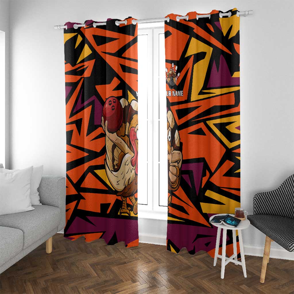 Custom Turkey Bowling Window Curtain with Cartoon Turkey Striker and Orange Geometric Pattern - Wonder Print Shop