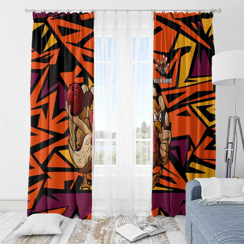 Custom Turkey Bowling Window Curtain with Cartoon Turkey Striker and Orange Geometric Pattern - Wonder Print Shop