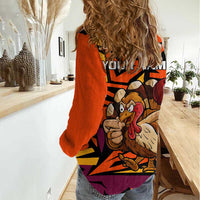 Custom Turkey Bowling Women Casual Shirt with Cartoon Turkey Striker and Orange Geometric Pattern - Wonder Print Shop