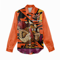 Custom Turkey Bowling Women Casual Shirt with Cartoon Turkey Striker and Orange Geometric Pattern - Wonder Print Shop