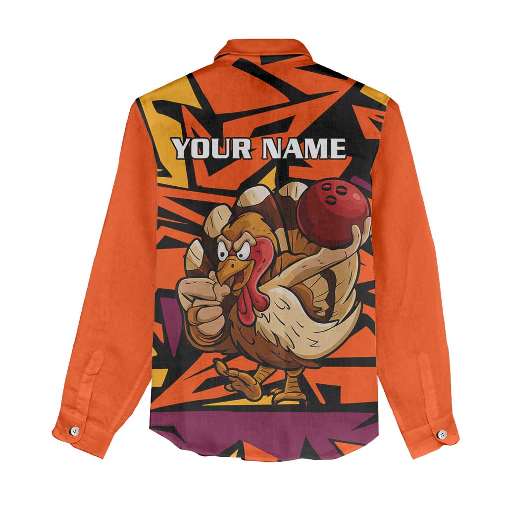 Custom Turkey Bowling Women Casual Shirt with Cartoon Turkey Striker and Orange Geometric Pattern - Wonder Print Shop