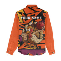 Custom Turkey Bowling Women Casual Shirt with Cartoon Turkey Striker and Orange Geometric Pattern - Wonder Print Shop