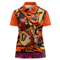 Custom Turkey Bowling Women Polo Shirt with Cartoon Turkey Striker and Orange Geometric Pattern - Wonder Print Shop