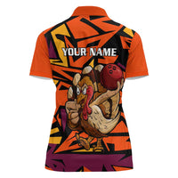 Custom Turkey Bowling Women Polo Shirt with Cartoon Turkey Striker and Orange Geometric Pattern - Wonder Print Shop