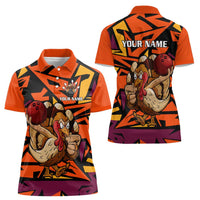 Custom Turkey Bowling Women Polo Shirt with Cartoon Turkey Striker and Orange Geometric Pattern - Wonder Print Shop