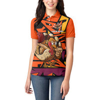 Custom Turkey Bowling Women Polo Shirt with Cartoon Turkey Striker and Orange Geometric Pattern - Wonder Print Shop