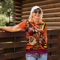 Custom Turkey Bowling Women Polo Shirt with Cartoon Turkey Striker and Orange Geometric Pattern - Wonder Print Shop